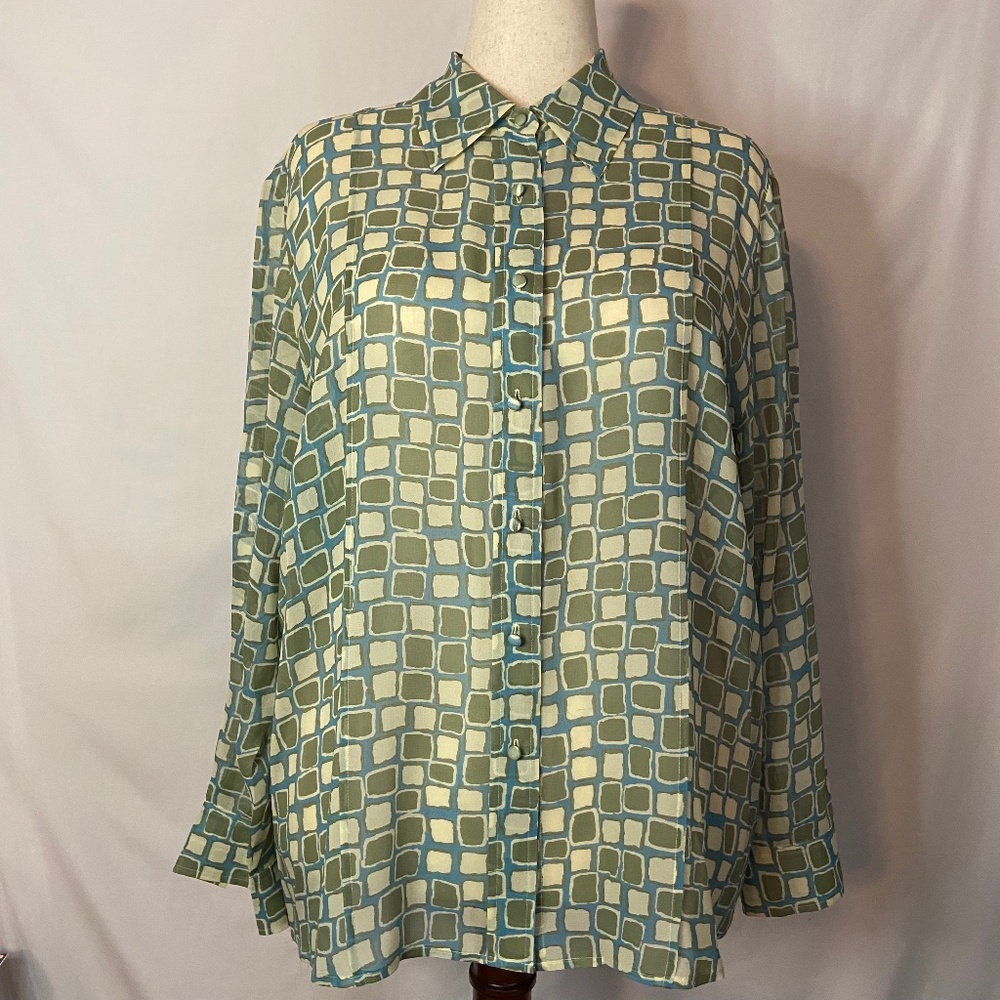 Caslon Colorful Green and Cream Silk Button Up Blouse Size 1X